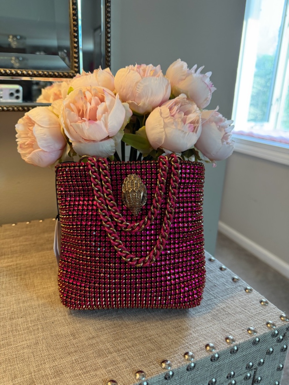 NWT Kurt Geiger Showstopper Pink Crystal Embellished Mini Tote Gold Double Chain - Picture 10 of 10